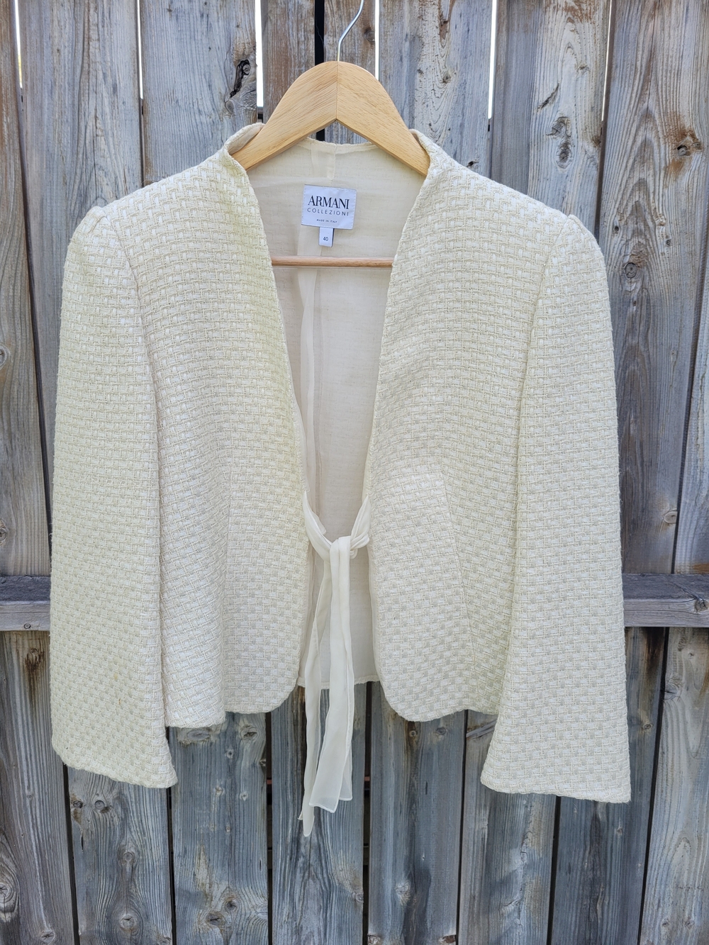 Armani Collezioni Cream Textured Tie-Front Blazer